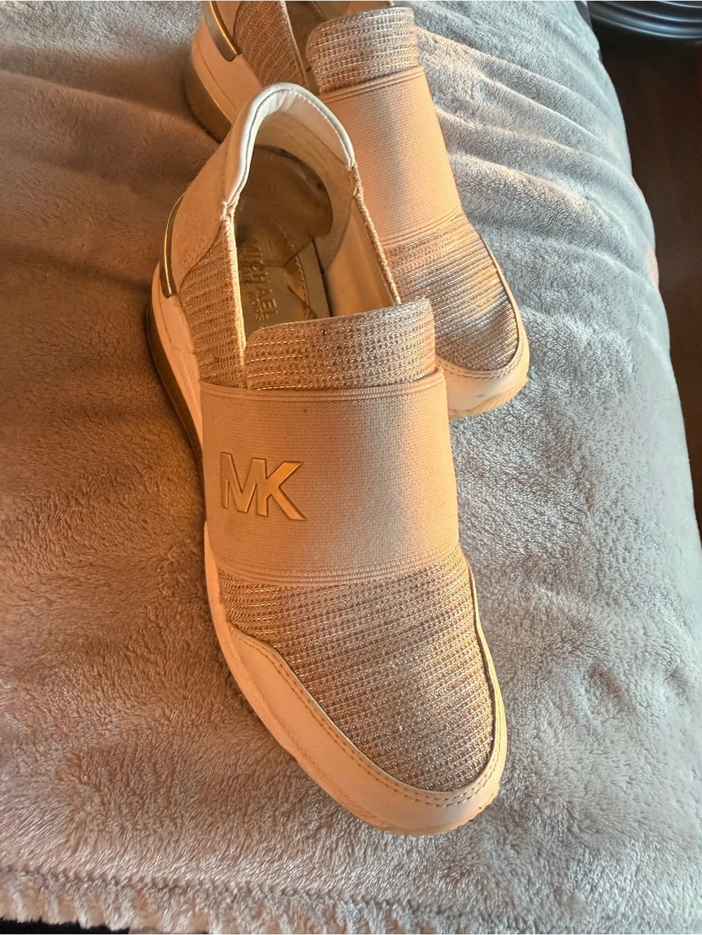 Michael Kors Beige Knit Slip-On Sneakers with Gold Accents
